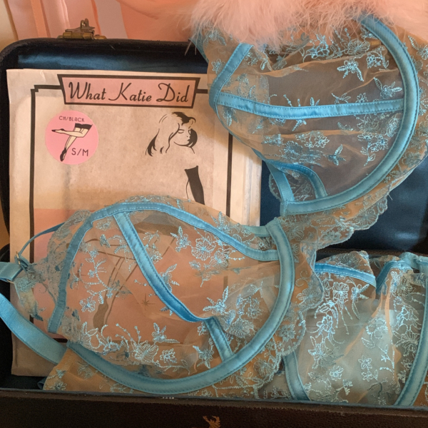 Blue embroidered bra lying in black leather case with seamed stocking packs and feather trimmed robe in the background